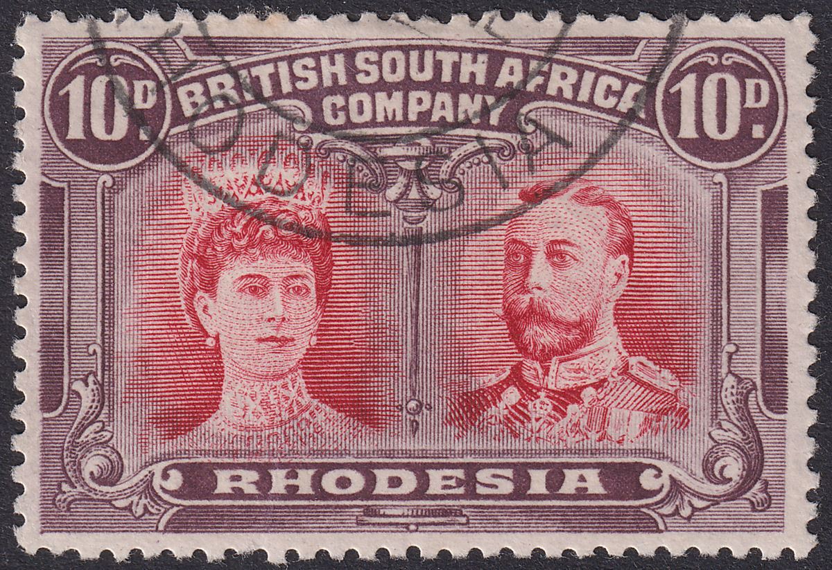 Rhodesia 1910 KGV Double Head 10d Carmine + Deep Aniline Purple CTO Used SG150