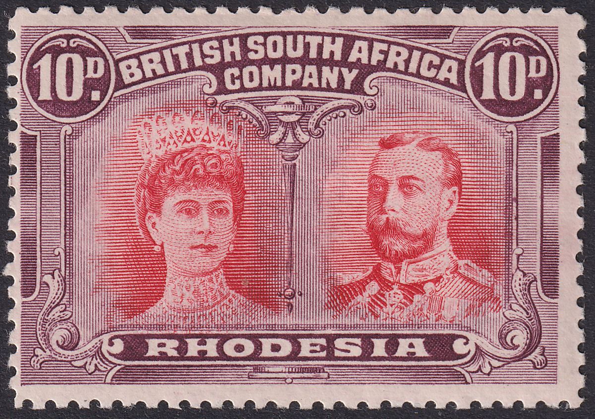 Rhodesia 1910 KGV Double Head 10d Scarlet and Reddish Mauve Mint SG149 cat £55