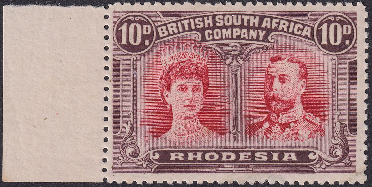 Rhodesia 1910 KGV Double Head 10d Carmine + Deep Aniline Purple Mint SG150 c£600