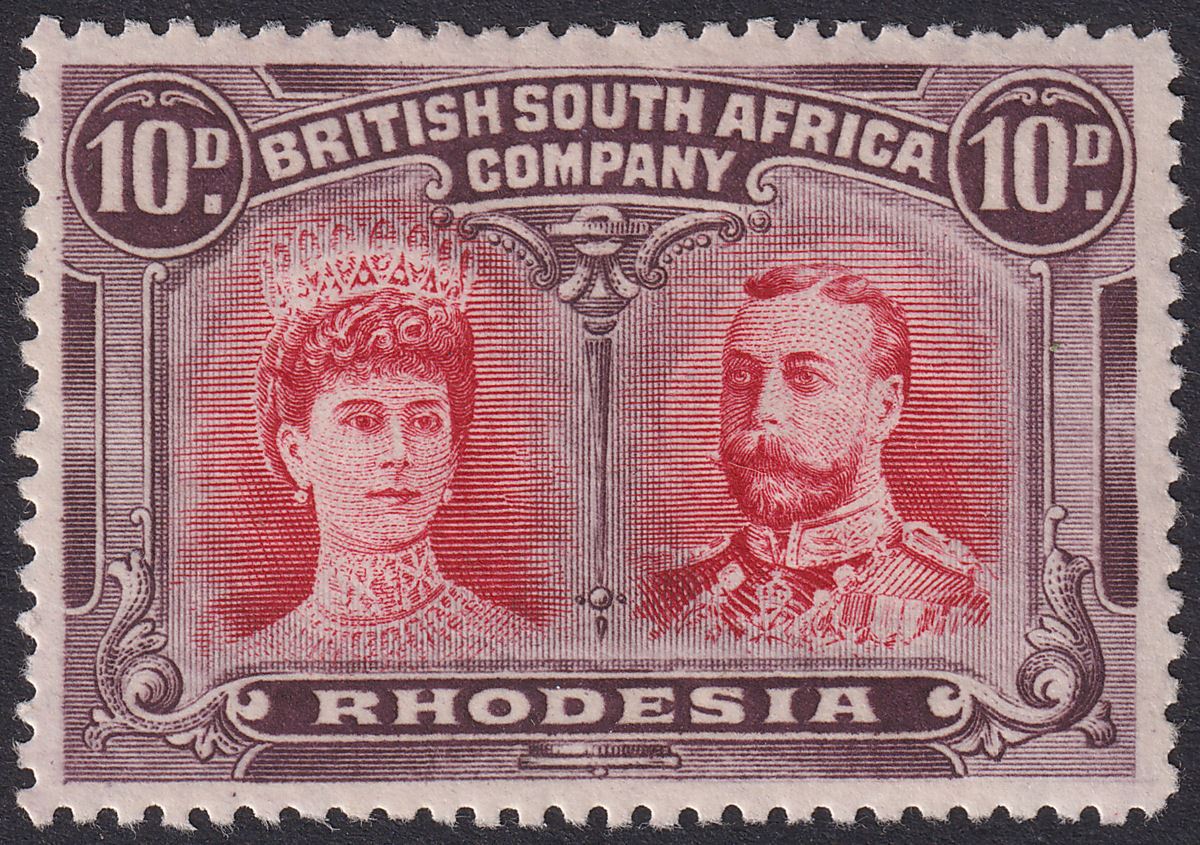 Rhodesia 1910 KGV Double Head 10d Carmine + Cold Violet Mint SG150 RSC-B c£600