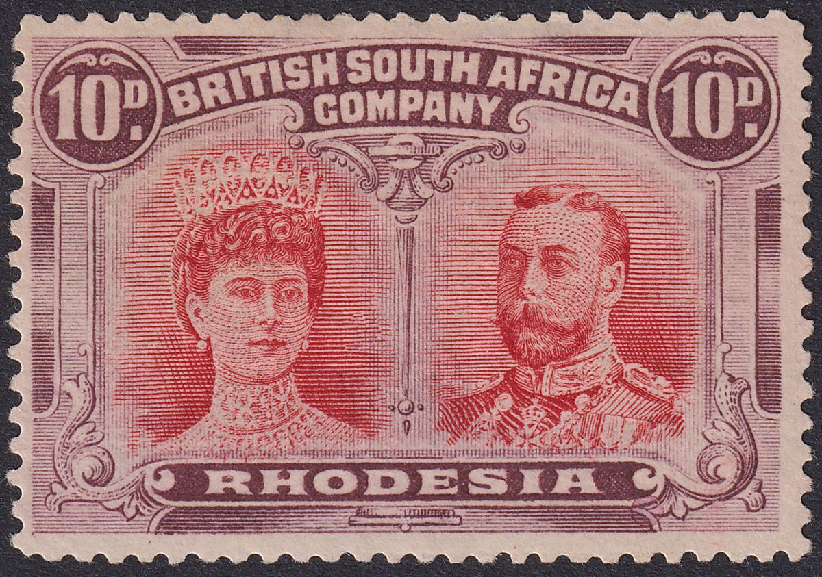 Rhodesia 1910 KGV Double Head 10d Vermilion + Deep Purple Mint SG150a cat £1000