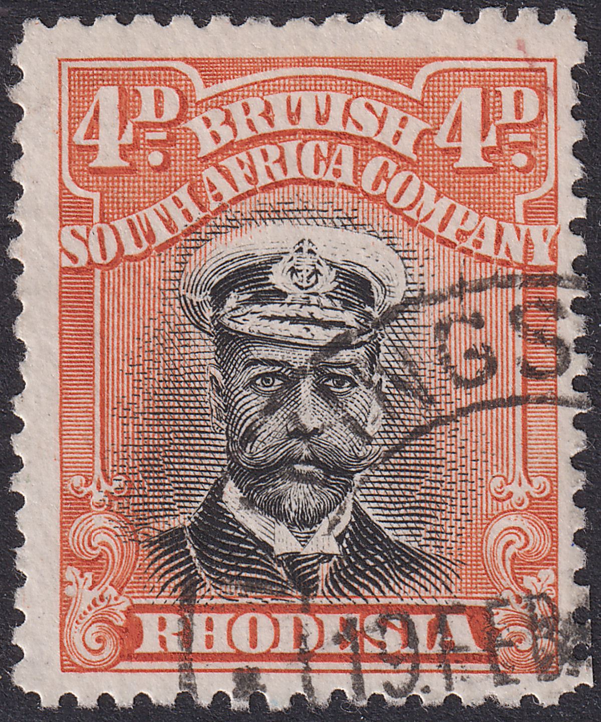 Rhodesia 1913 KGV Admiral 4d Black + Orange-Red Die I p14 Used SG211 LIVINGSTONE