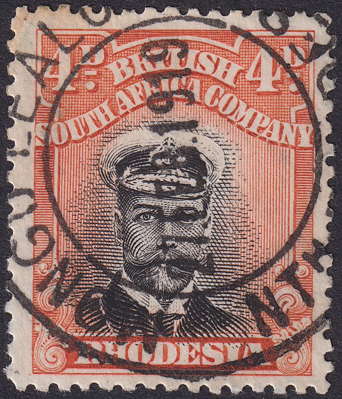 Rhodesia 1913 KGV Admiral 4d Blk + Orange-Red Die I p14 Used SG211 MONGU-LEALUI