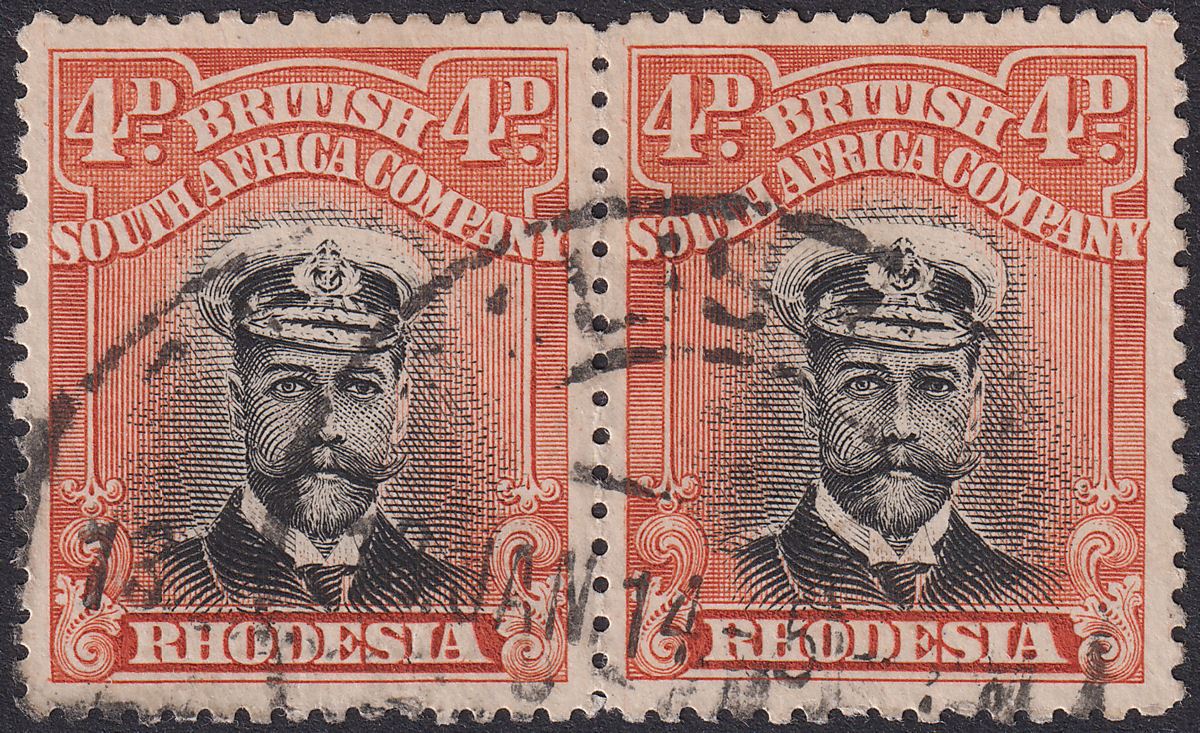 Rhodesia 1913 KGV Admiral 4d Black + Orange-Red Die I p15 Pair Used SG216 c£60