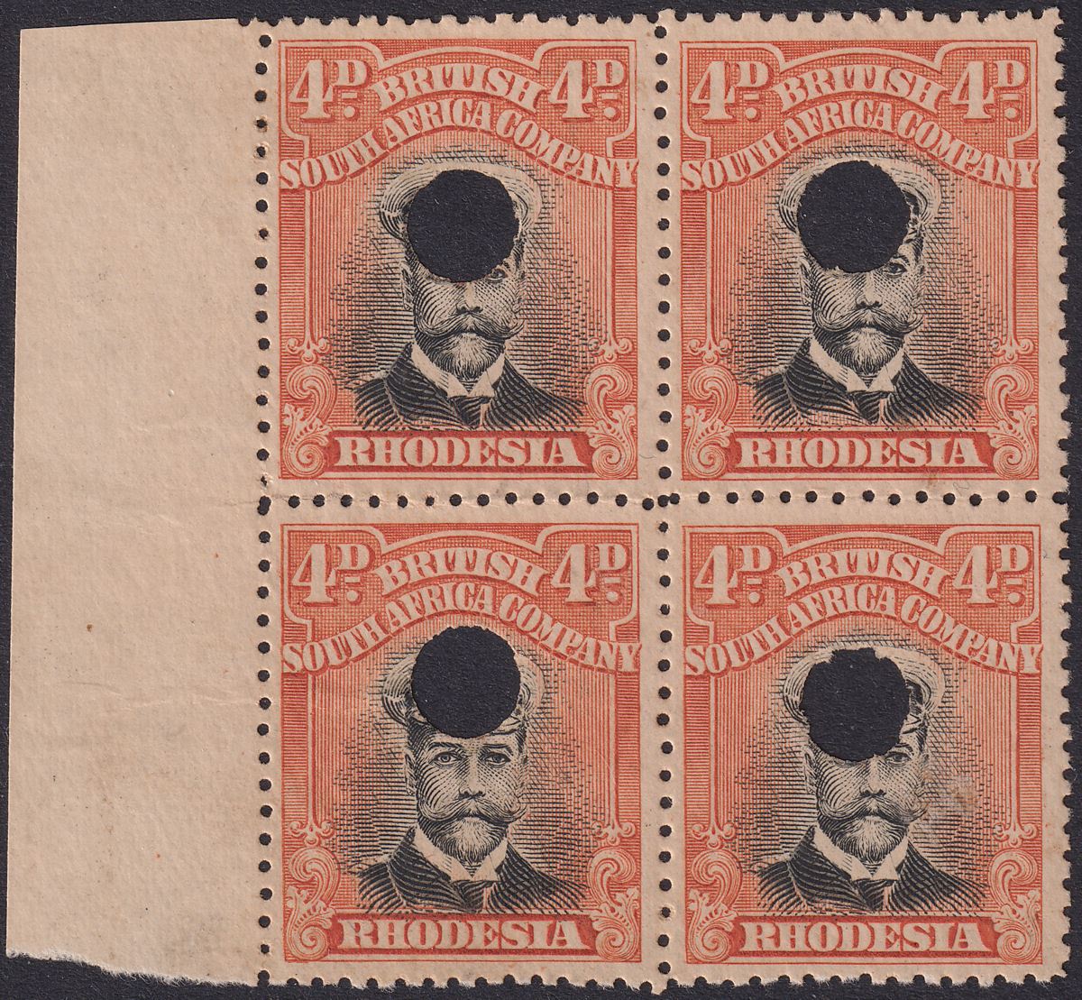 Rhodesia 1913 KGV Admiral 4d Bl + Red-Or Die II p14 File Sheet Block SG224P