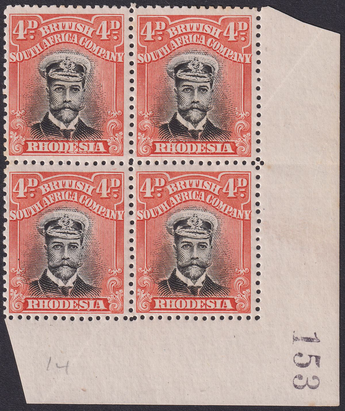 Rhodesia 1913 KGV Admiral 4d Bl + Red-Or Die II p14 Sheet No Block 4 Mint SG224