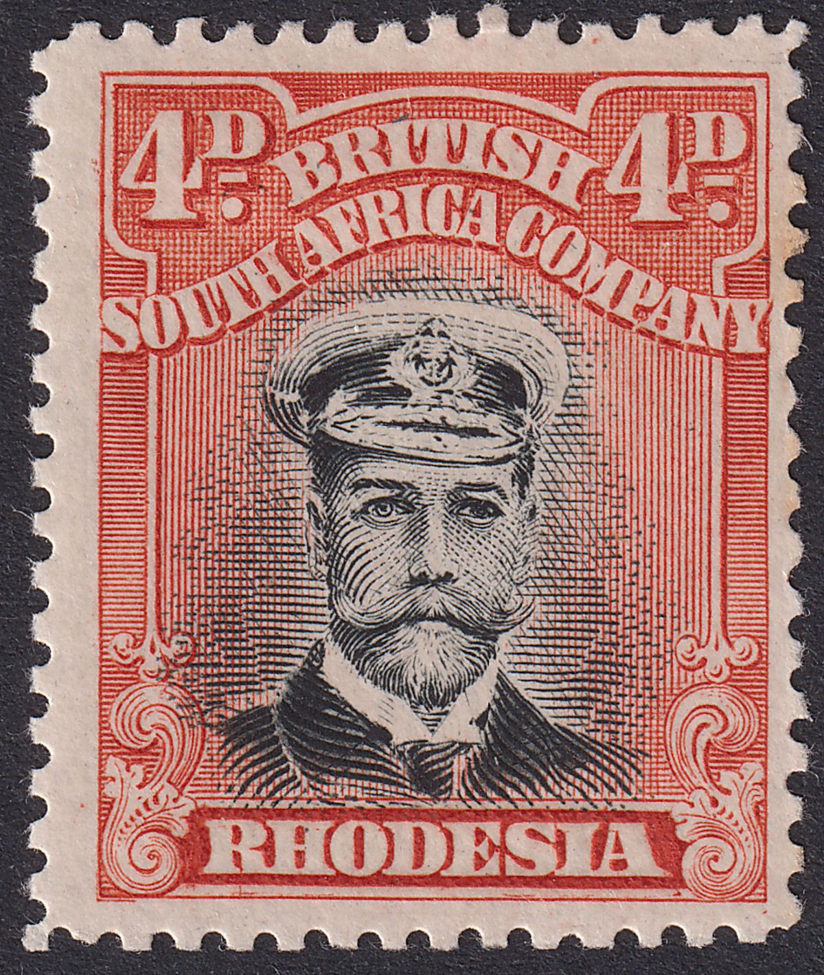 Rhodesia 1913 KGV Admiral 4d Red-Or Die II p14 Pos 41 Dropped Entry Mint SG224