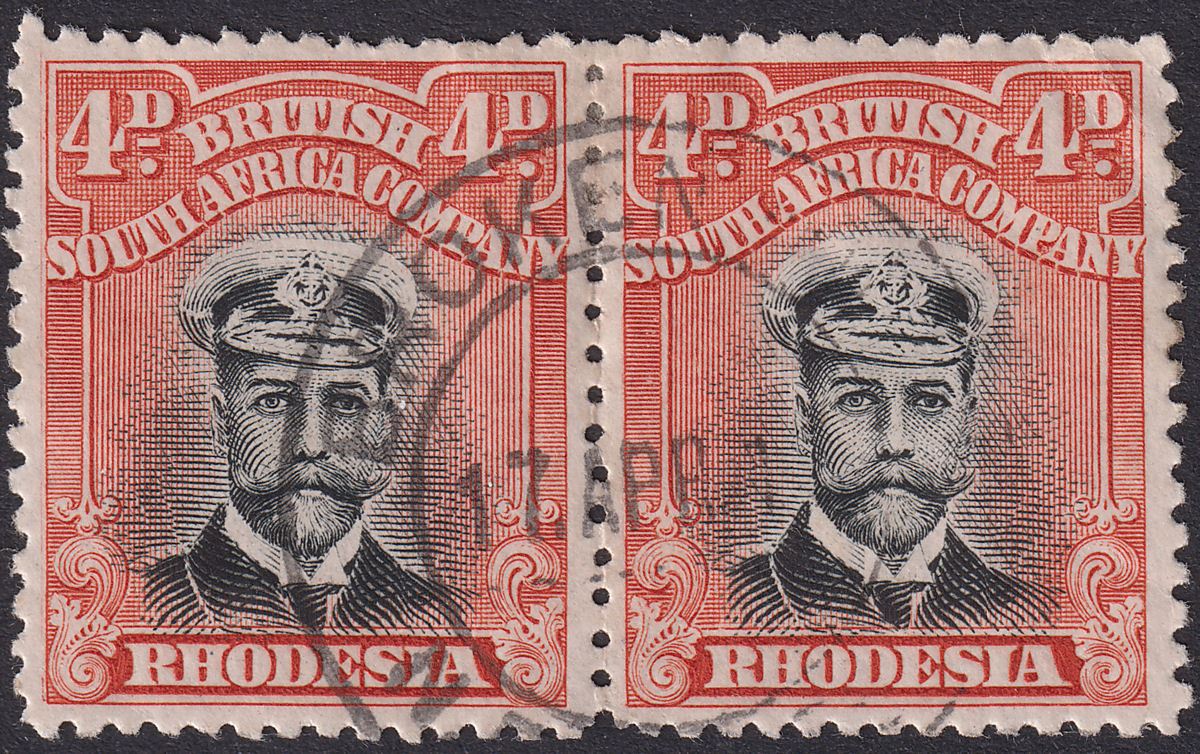 Rhodesia 1913 KGV Admiral 4d Black + Red-Orange Die II p14 Pair Used SG224