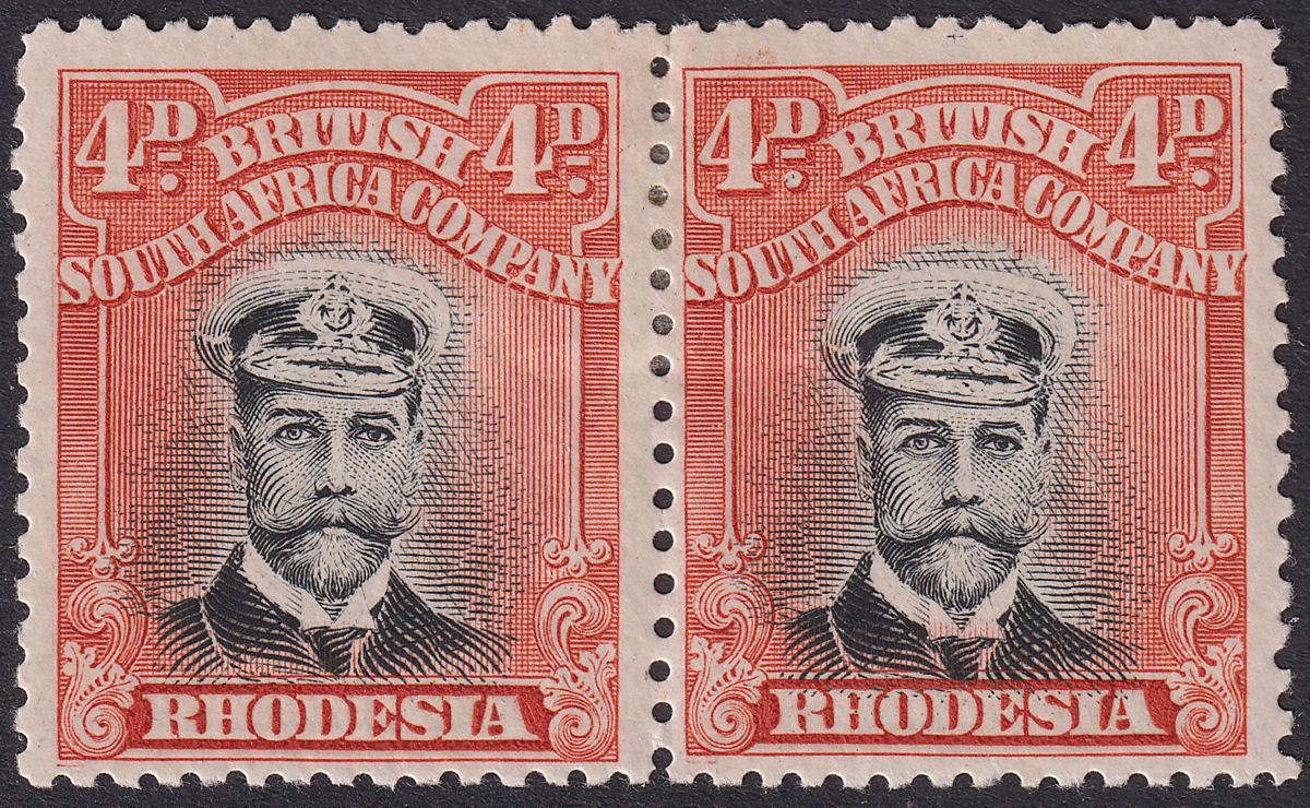 Rhodesia 1913 KGV Admiral 4d Black + Red-Or Die II p14 Pair Mint SG224 cat £84