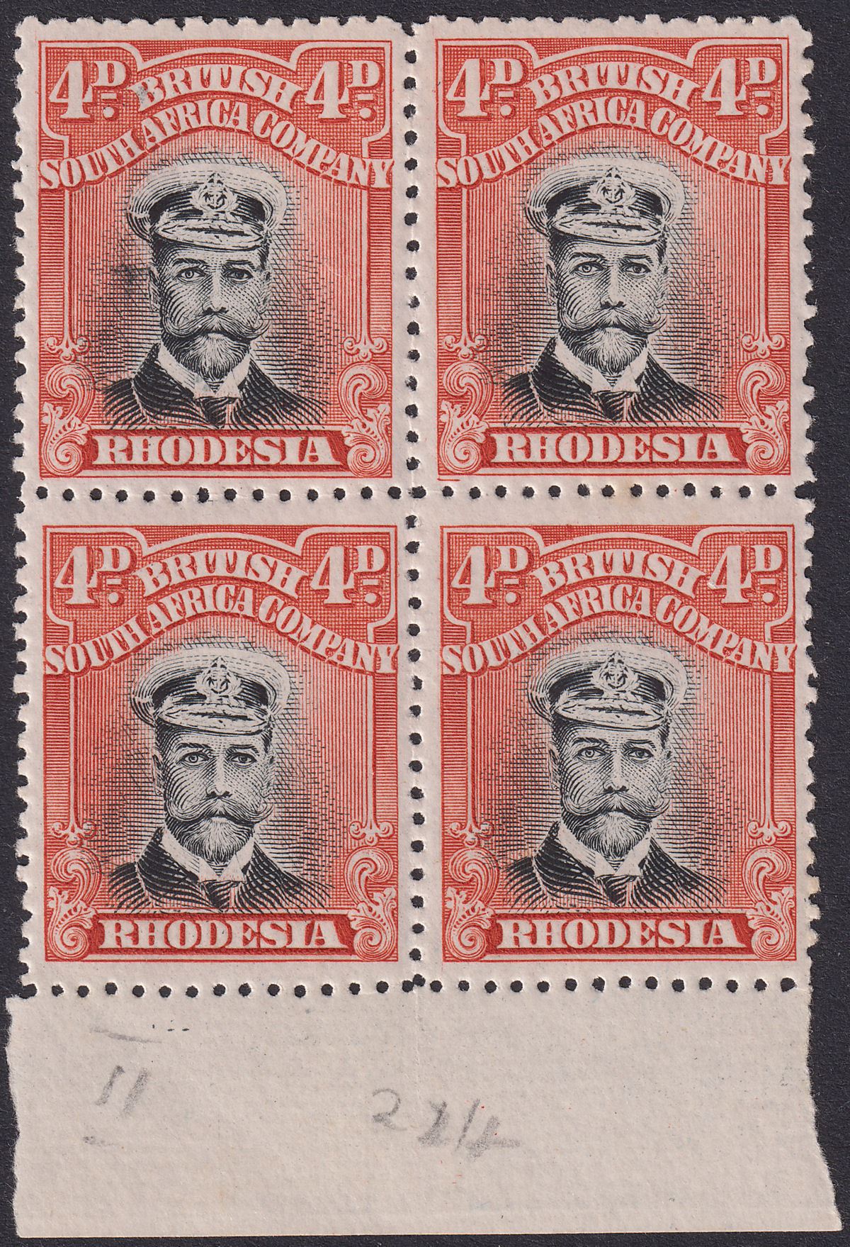 Rhodesia 1913 KGV Admiral 4d Deep Or-Red Die II p14 Margin Block of 4 Mint SG225