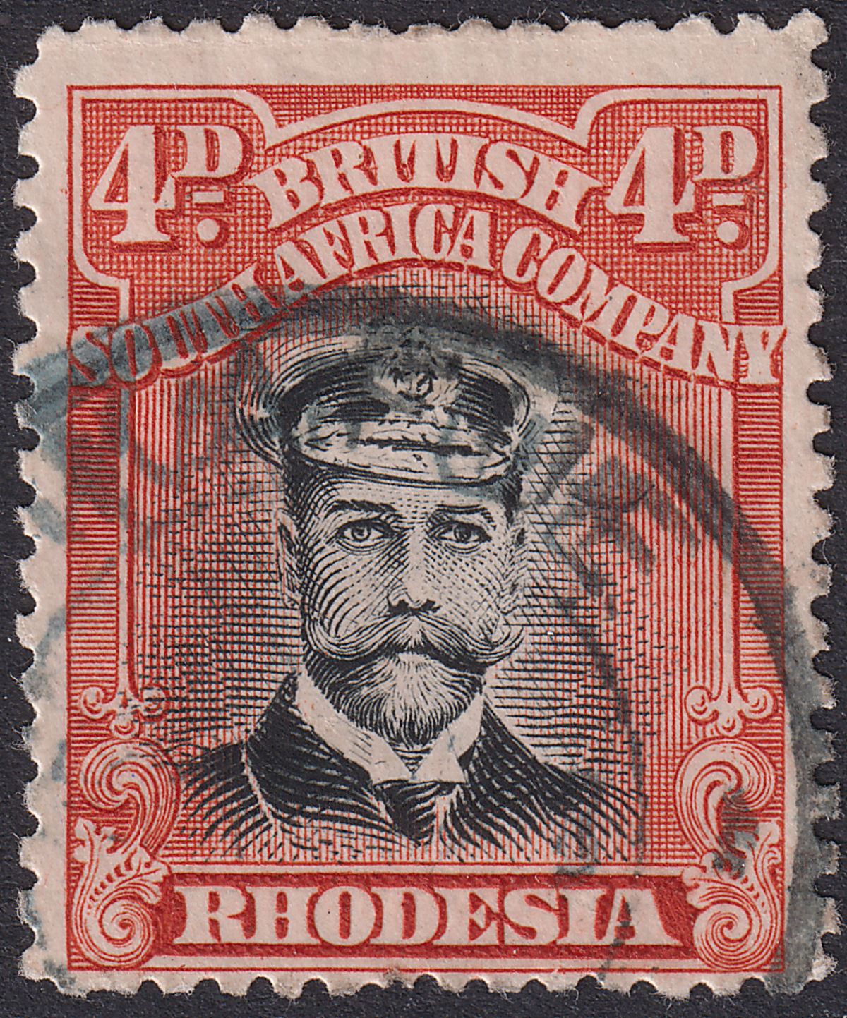 Rhodesia 1913 KGV Admiral 4d Black + Deep Orange-Red Die II p14 Used SG225 Kafue