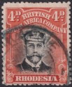Click for more photos and details Rhodesia 1913 KGV Admiral 4d Black + Deep Orange-Red Die II p14 Used SG225 Kafue