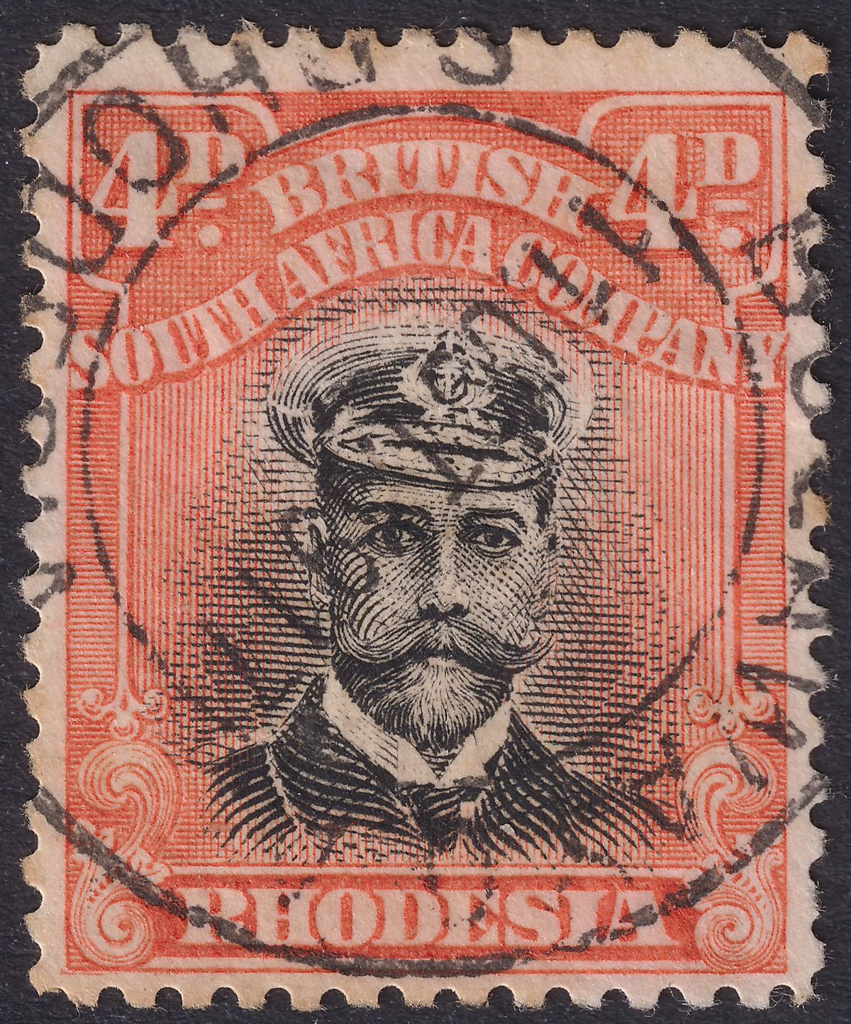 Rhodesia 1913 KGV Admiral 4d Pl Orange-Red Die II p14 Pl 4 Snowstorm Used SG225b