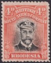 Click for more photos and details Rhodesia 1913 KGV Admiral 4d Pale Orange-Red Die II p14 Pl 5 Mint SG225b c£120