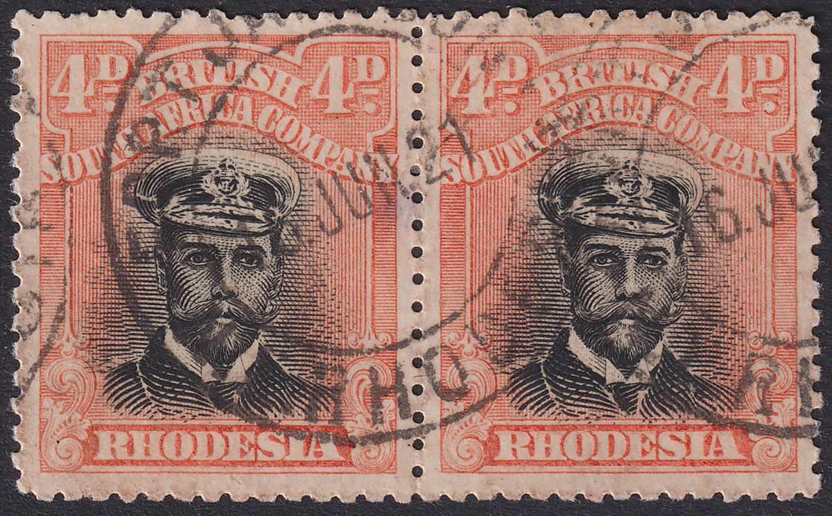 Rhodesia 1917 KGV Admiral 4d Dp Blk + Orange Die IIIA p14 Pair Used SG255d c£50