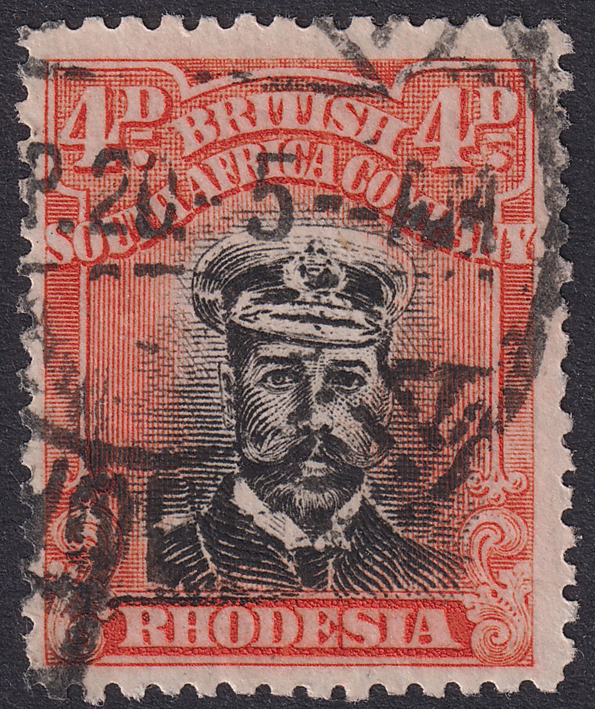 Rhodesia 1917 KGV Admiral 4d Deep Black + Deep Orange Die IIIA p14 Used SG255d