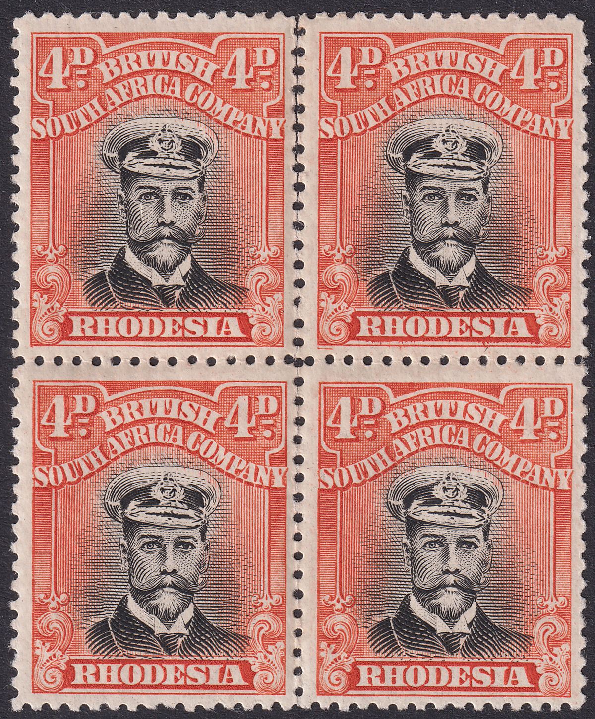 Rhodesia 1918 KGV Admiral 4d Black + Or-Red Die IIIB p14 Block Mint SG261 Pl 8