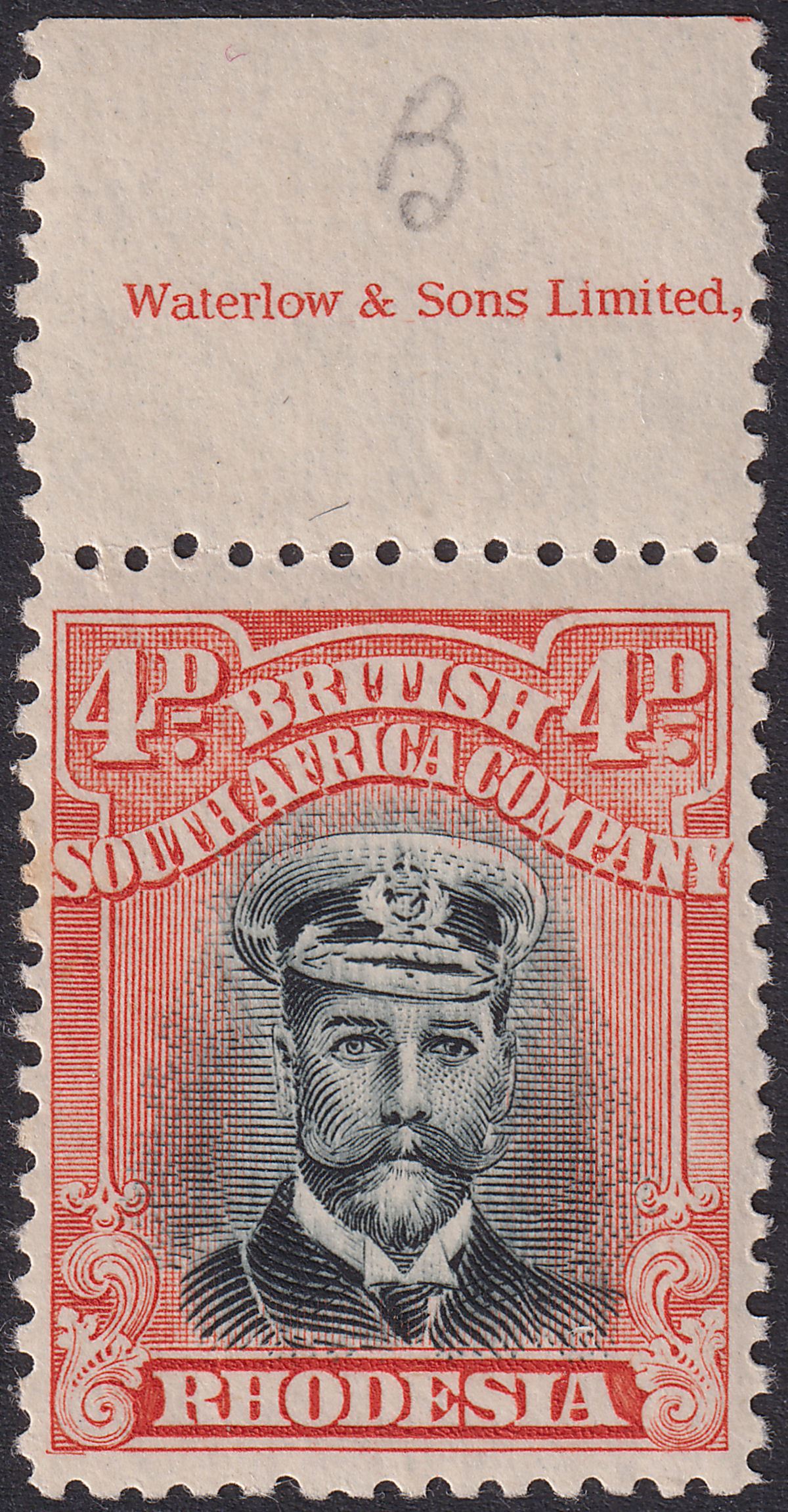 Rhodesia 1918 KGV Admiral 4d Sl Black + Dull Red Die IIIB p14 Mint SG262 Plate 8