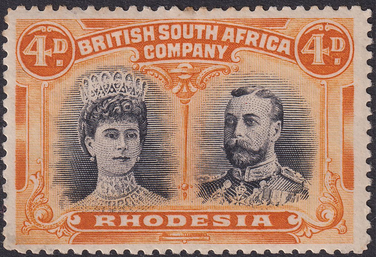 Rhodesia 1910 KGV Double Head 4d Greenish Black and Orange Mint SG138* unusual