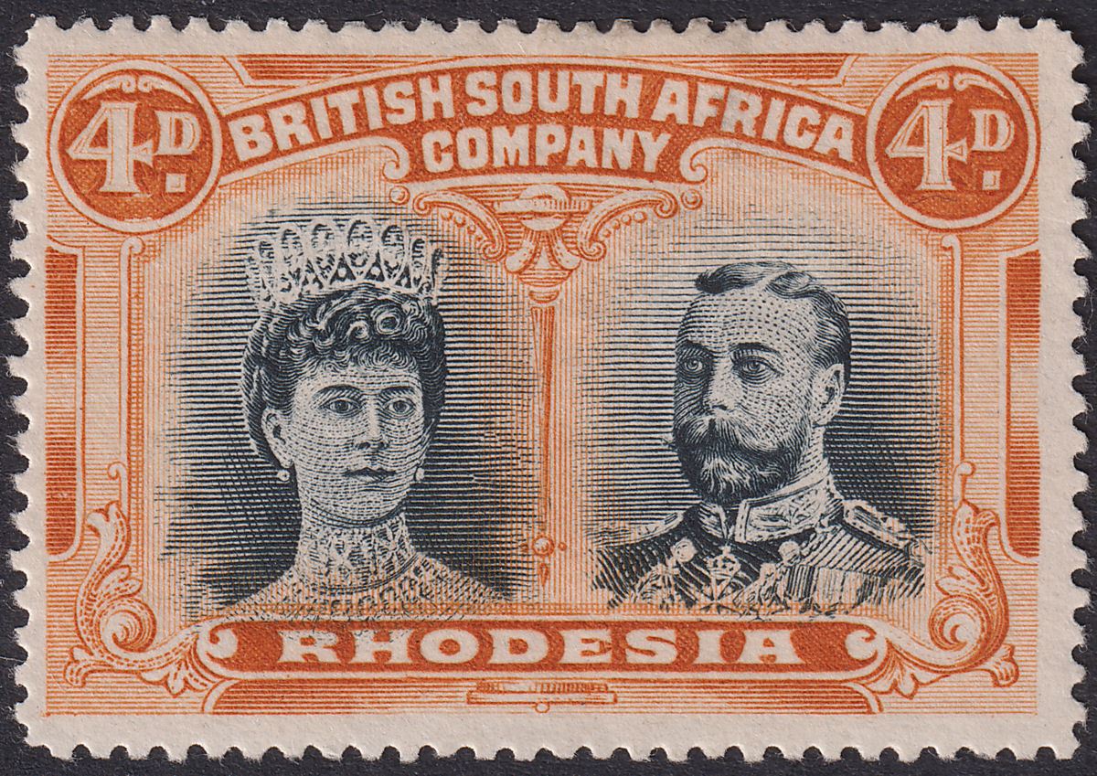 Rhodesia 1910 KGV Double Head 4d Black and Orange p15 Mint SG174 cat £65
