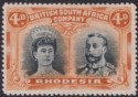 Click for more photos and details Rhodesia 1910 KGV Double Head 4d Black and Orange p15 Mint SG174 cat £65