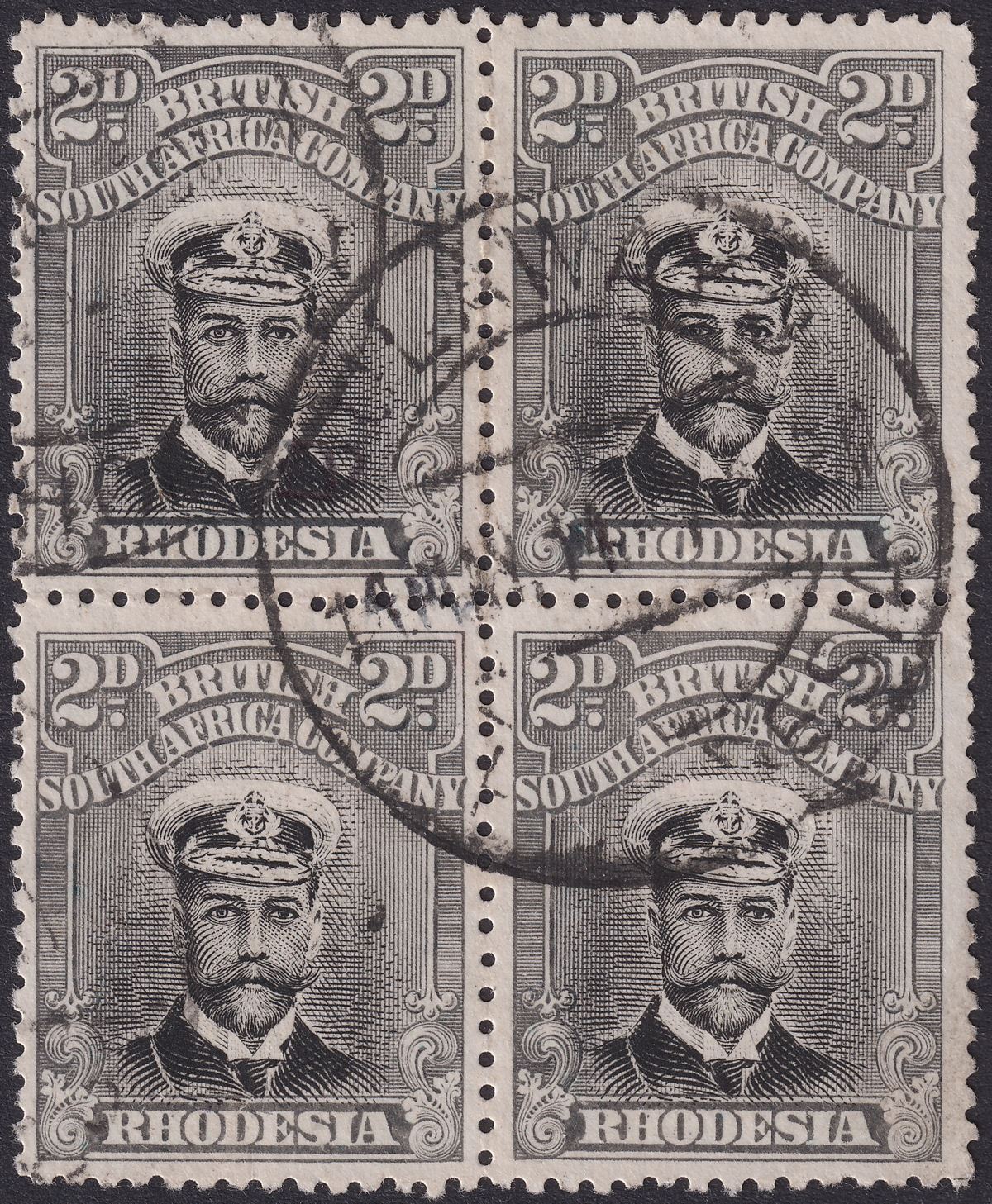 Rhodesia 1913 KGV Admiral 2d Die I p14 Block w Pos 22 Line Below Tie Used SG209