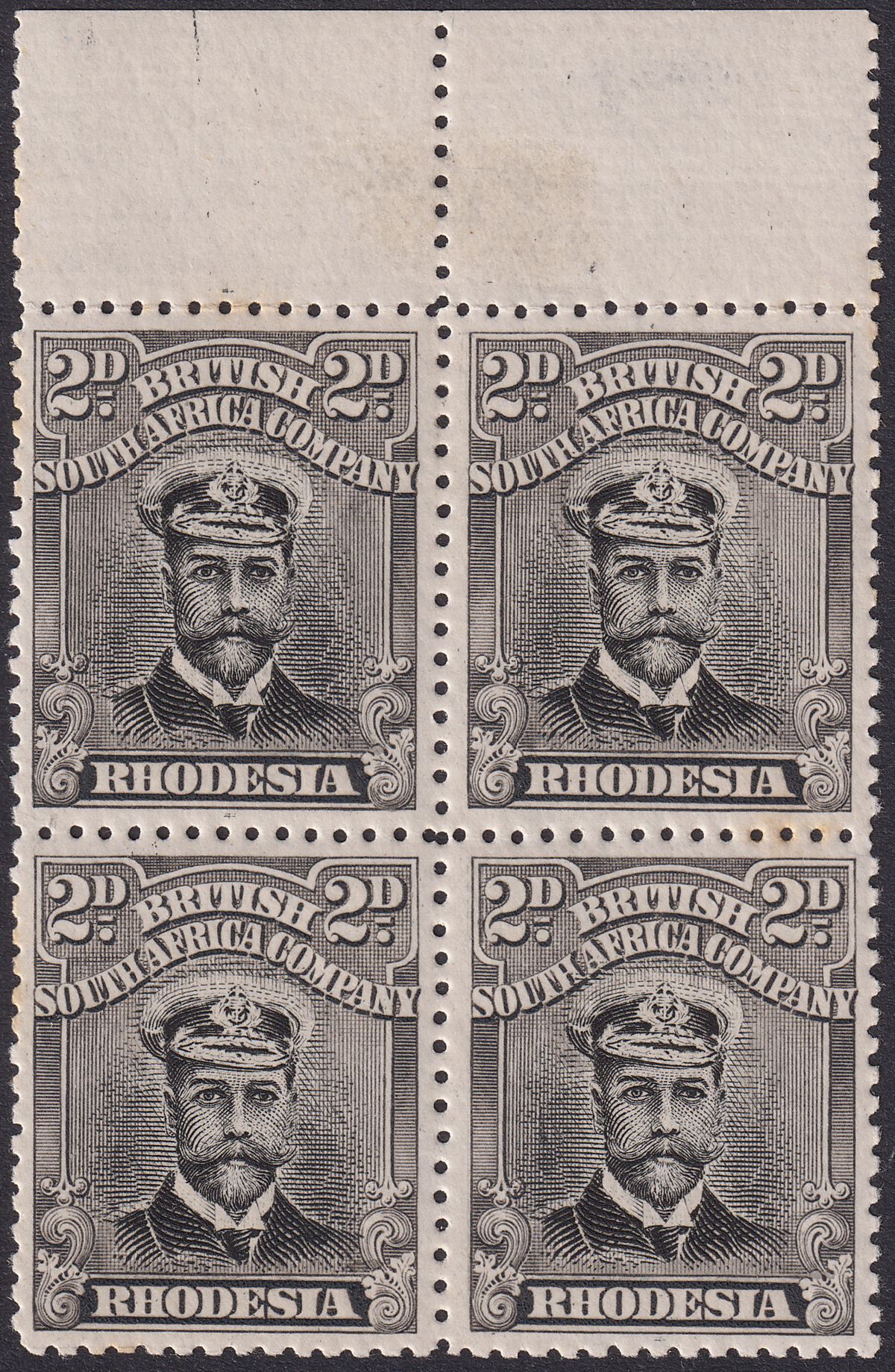 Rhodesia 1913 KGV Admiral 2d Black Die II p14 Pos 17 Frame Flaw Block Mint SG219
