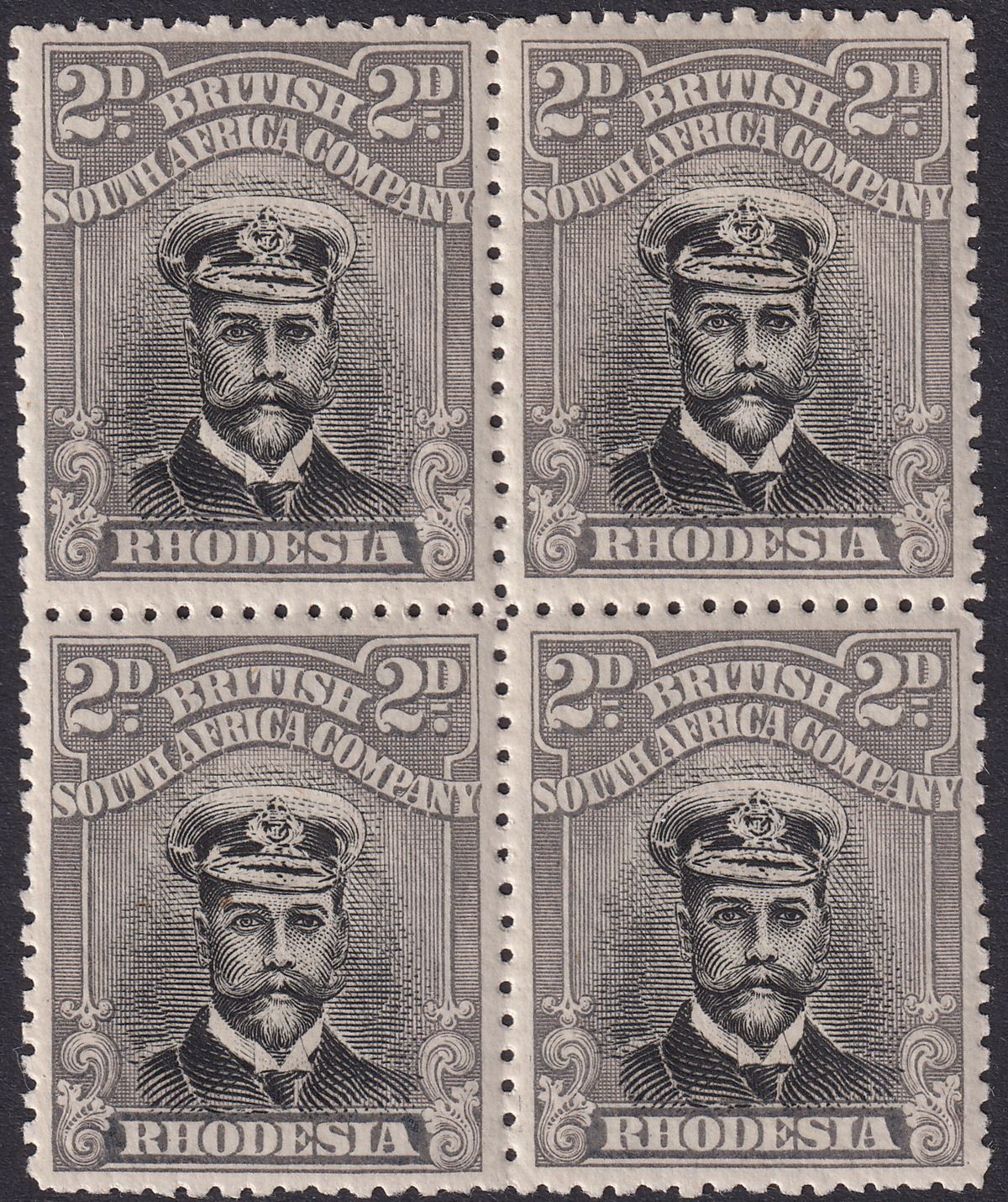 Rhodesia 1917 KGV Admiral 2d Black + Grey Die IIIA p14 Block Mint SG255 cat £160