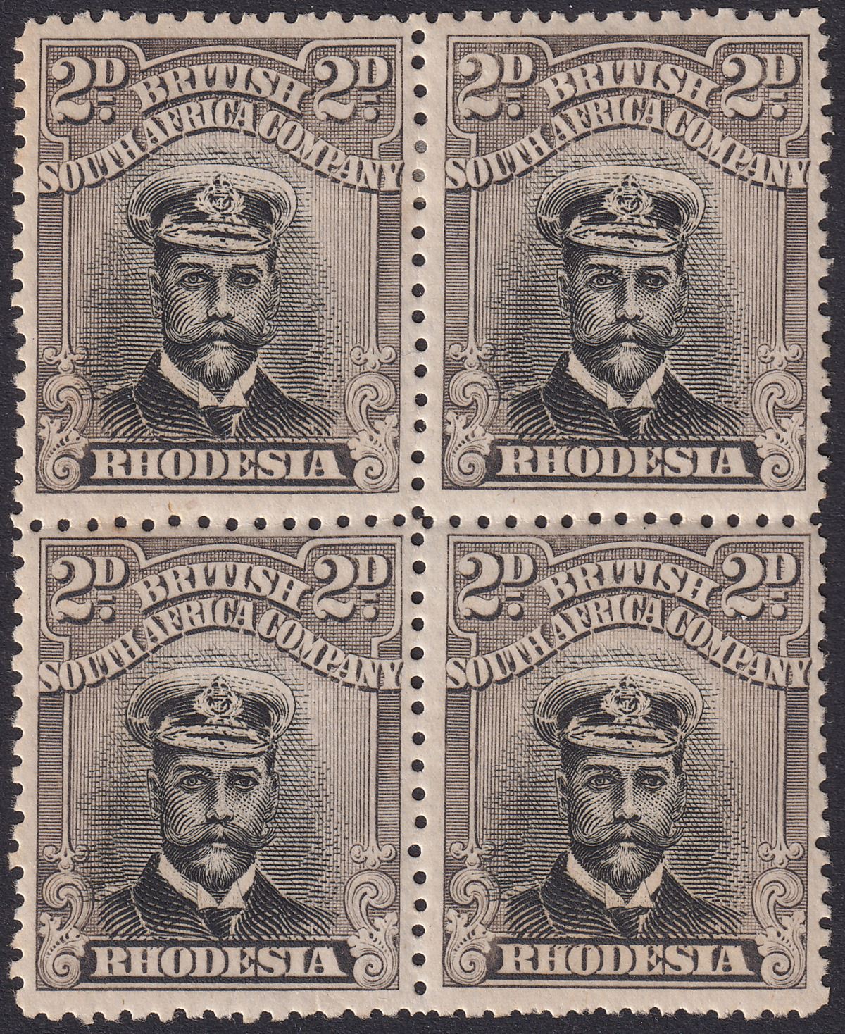Rhodesia 1917 KGV Admiral 2d Brown-Black Die IIIA p14 Block Mint SG255 cat £160