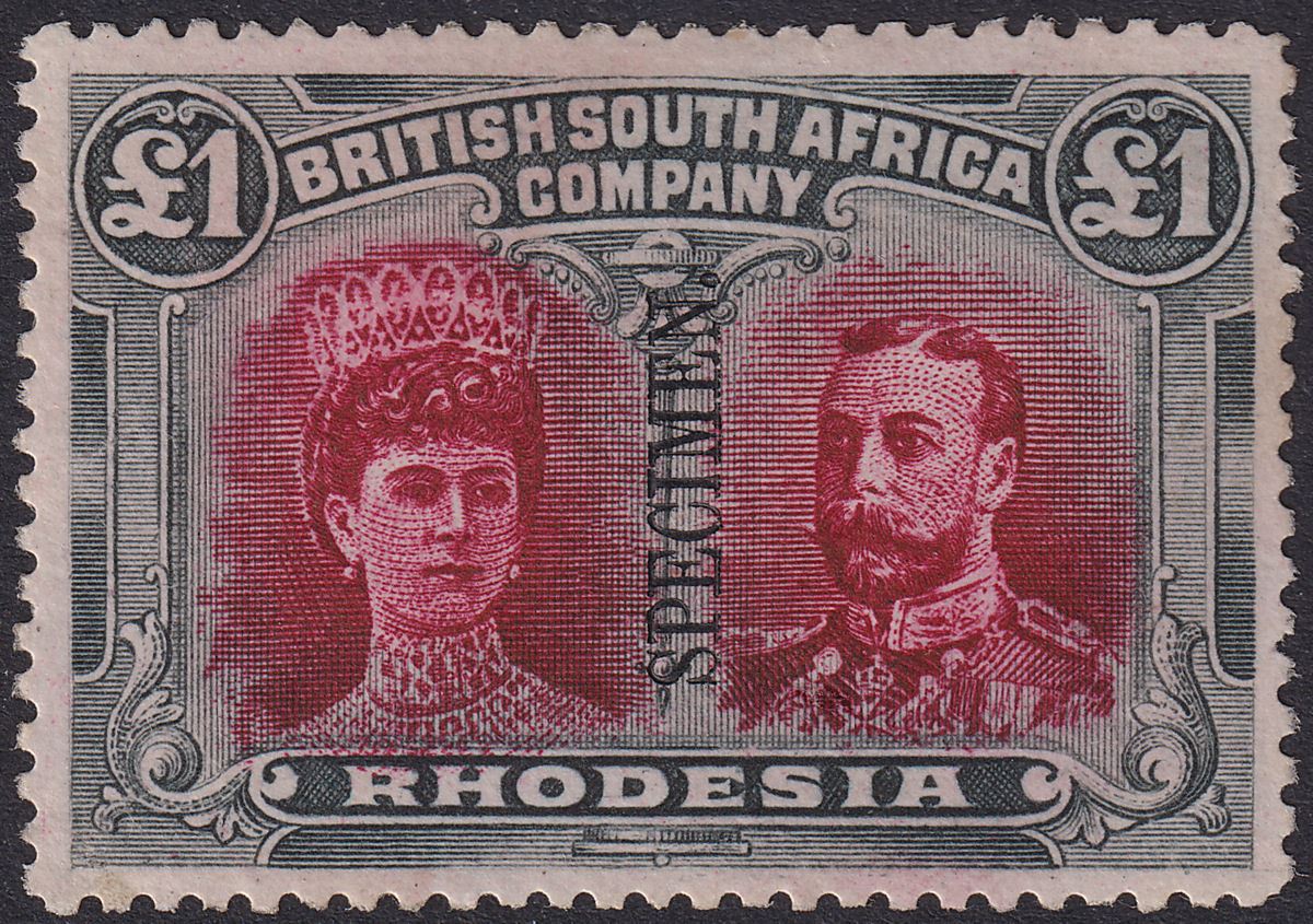 Rhodesia 1910 KGV SPECIMEN Double Head £1 Crimson + Sl-Black Mint SG166as regum
