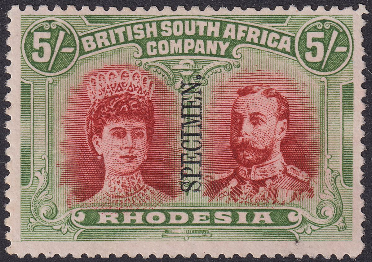 Rhodesia 1910 KGV SPECIMEN Double Head 5sh Vermilion + D Green Mint SG159s regum