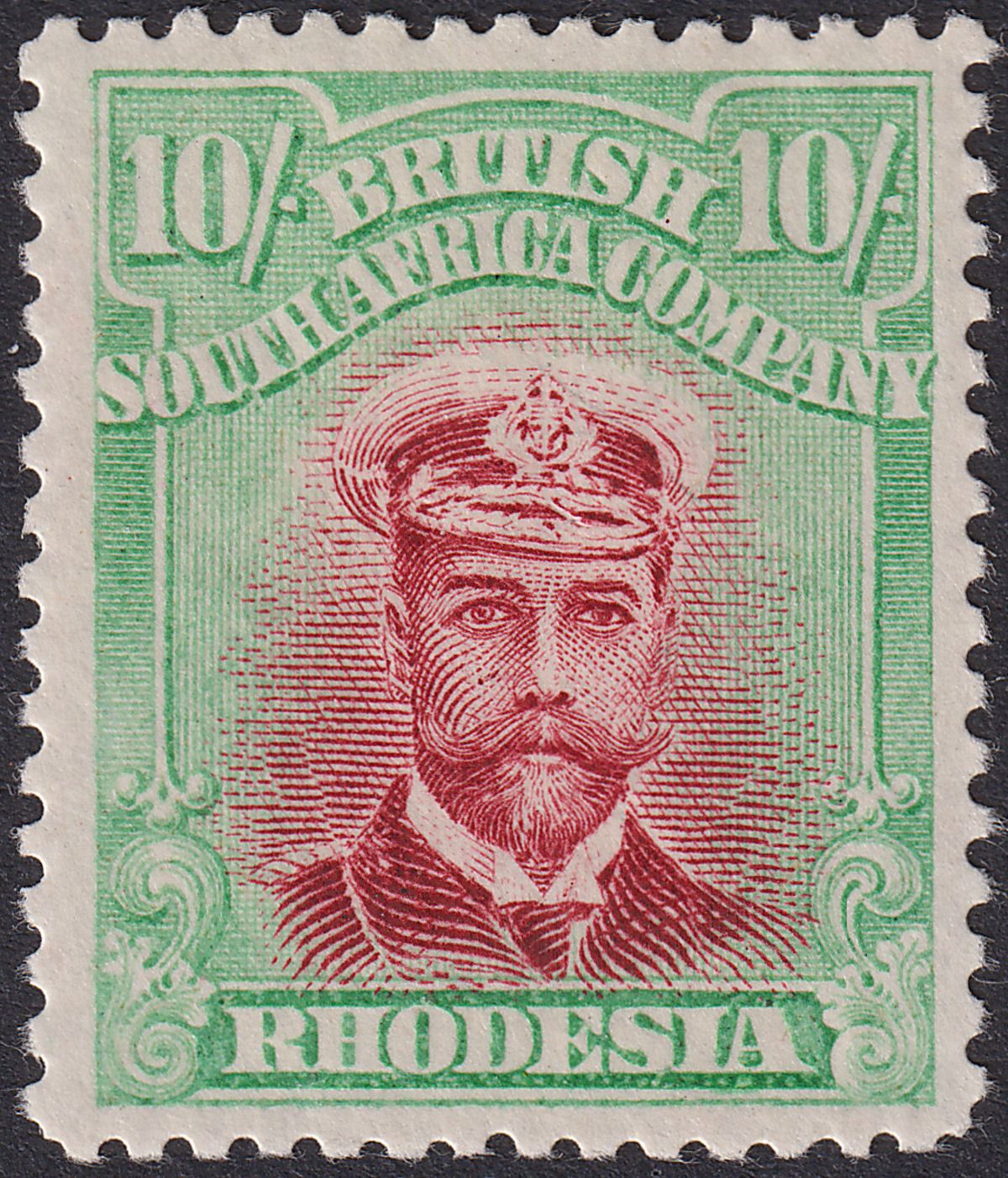 Rhodesia 1913 KGV Admiral 10sh Rose-Red + Lt Green Die II p14 Mint SG241 c£225