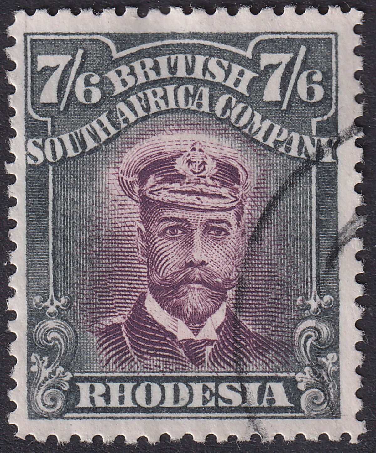 Rhodesia 1913 KGV Admiral 7sh6d Red-Purple + Sl Die II p14 Used* SG240 bogus pmk