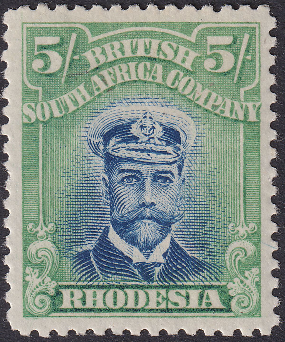 Rhodesia 1913 KGV Admiral 5sh Dp Blue + Yellow-Green Die II p14 Mint SG238 c£170