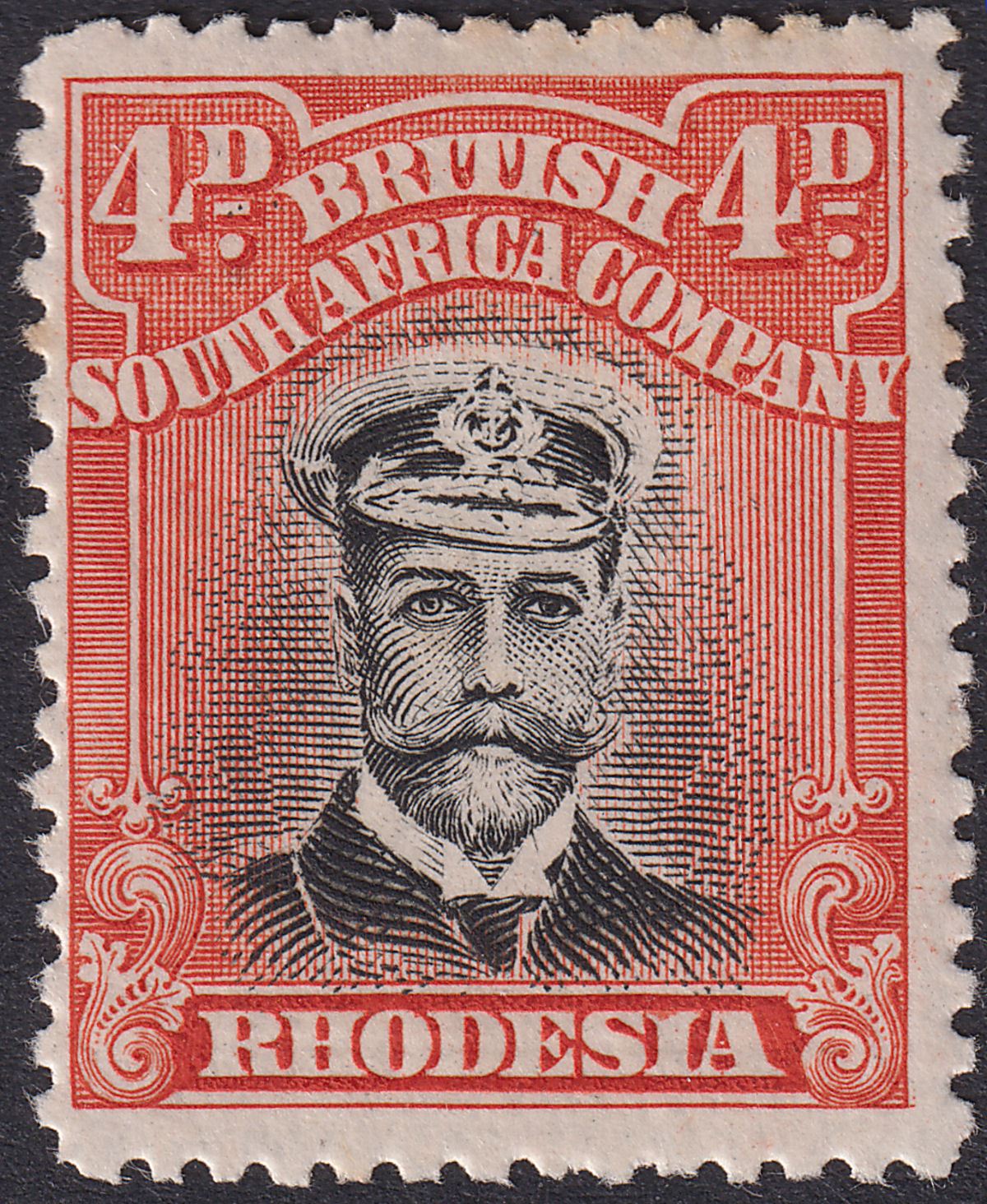 Rhodesia 1913 KGV Admiral 4d Black + Deep Orange-Red Die II p14 Mint SG225 c£26
