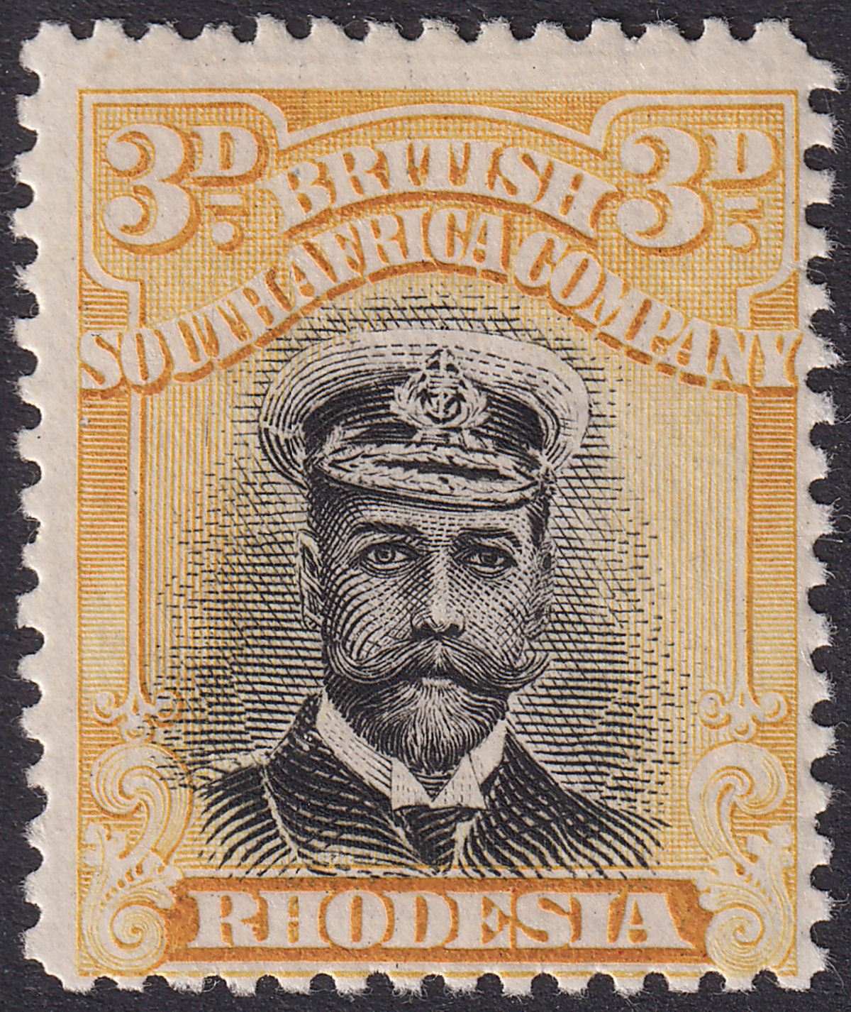 Rhodesia 1913 KGV Admiral 3d Black and Deep Yellow Die II p14 Mint SG221 cat £60