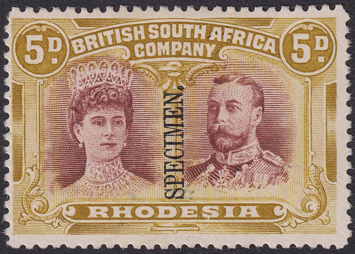 Rhodesia 1910 KGV SPECIMEN Double Head 5d Purp-Bn + Olive-Yel Mint SG141as regum