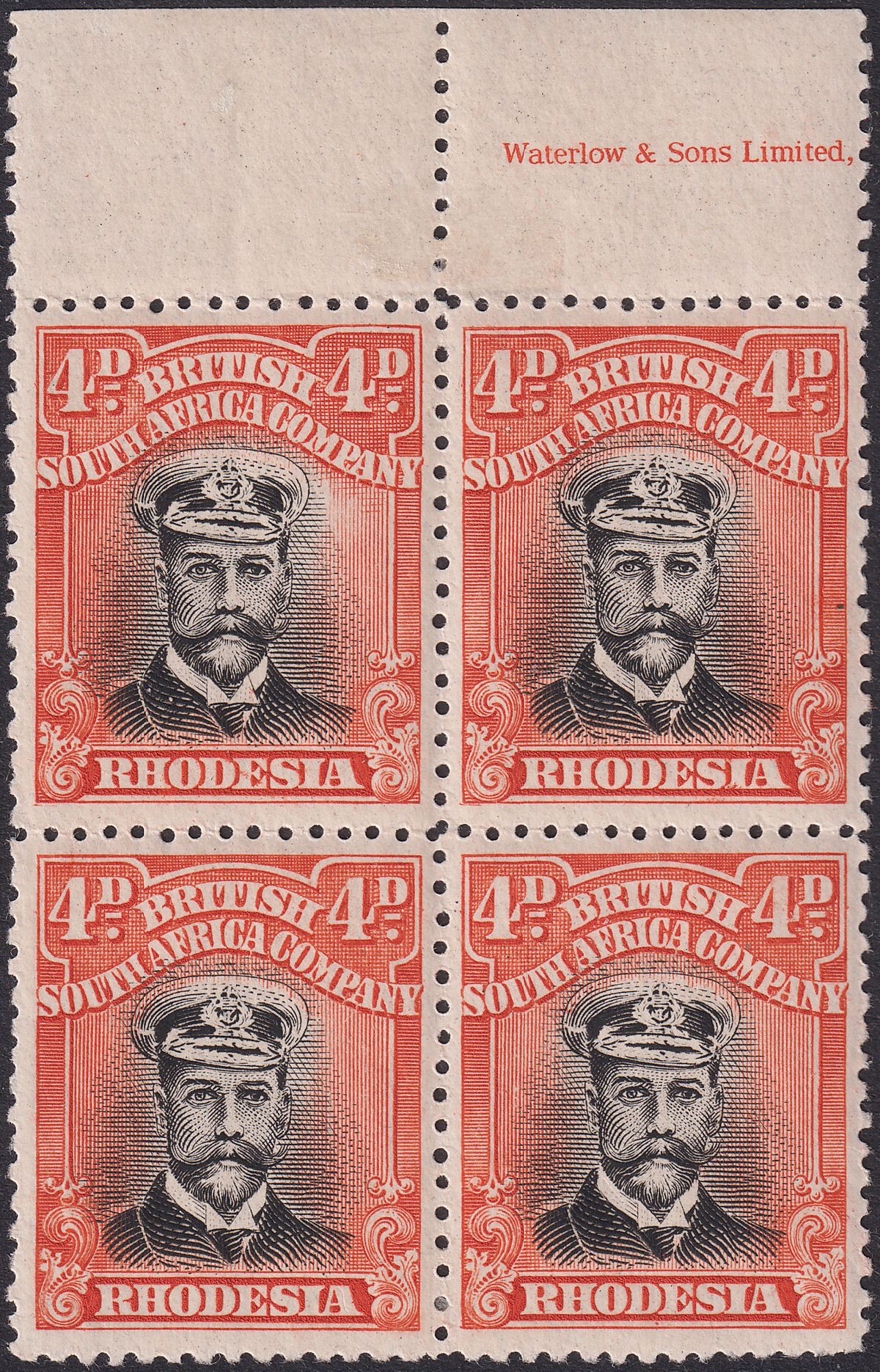 Rhodesia 1922 KGV Admiral 4d Or-Verm Die IIIB p14 Pt Imprint Block Mint SG294