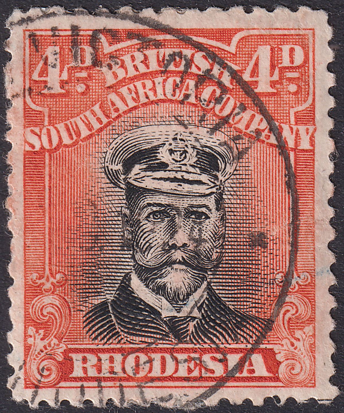 Rhodesia 1924 KGV Admiral 4d Black + Or-Verm Die IIIB p14 Used SG294 c£50 pl11