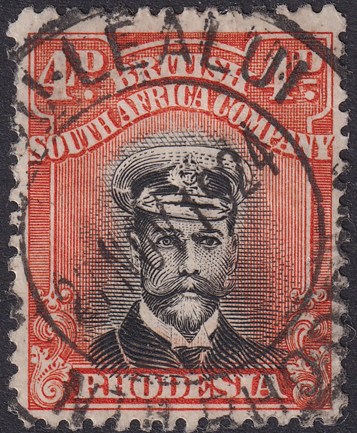 Rhodesia 1918 KGV Admiral 4d Black + Orange-Red Die IIIB p14 Used SG261 Plate 9