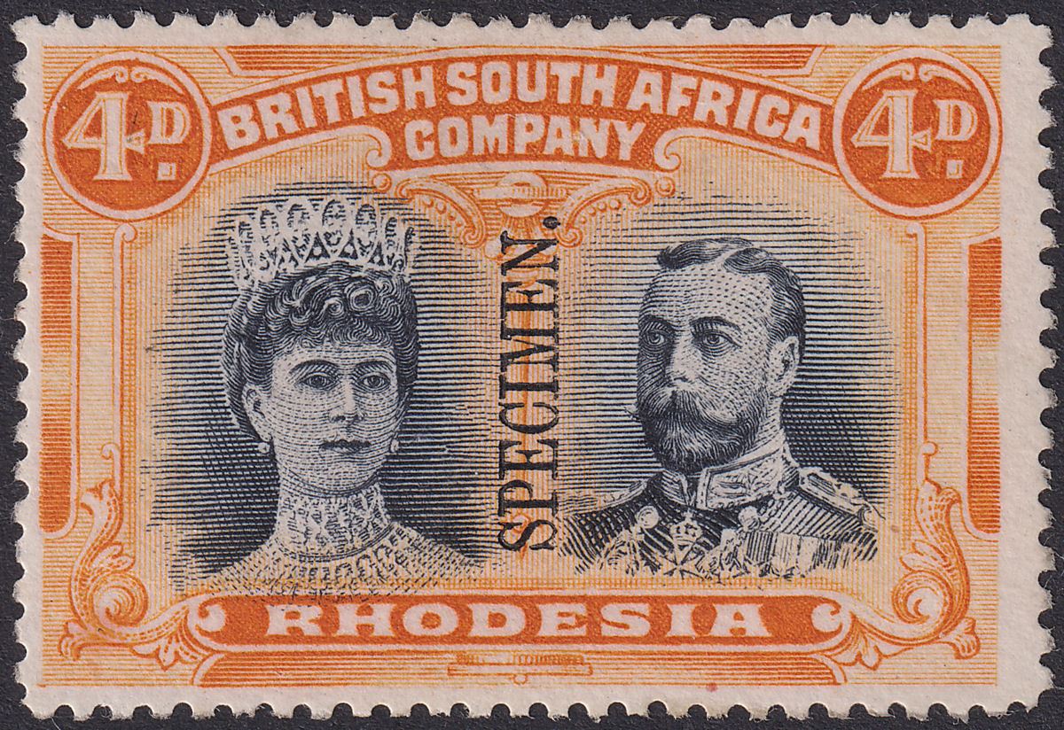 Rhodesia 1910 KGV SPECIMEN Double Head 4d Green Black + Orange Mint SG138s regum