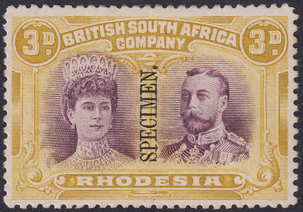 Rhodesia 1910 KGV SPECIMEN Double Head 3d Purple and Ochre Mint SG134s regum