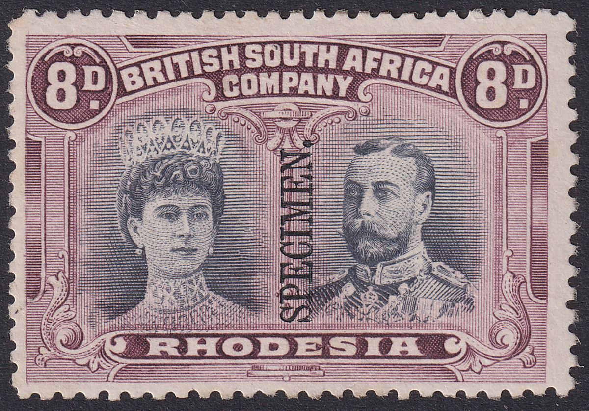 Rhodesia 1910 KGV SPECIMEN Double Head 8d Gr-Black + Purp p13½ Mint SG185s regum