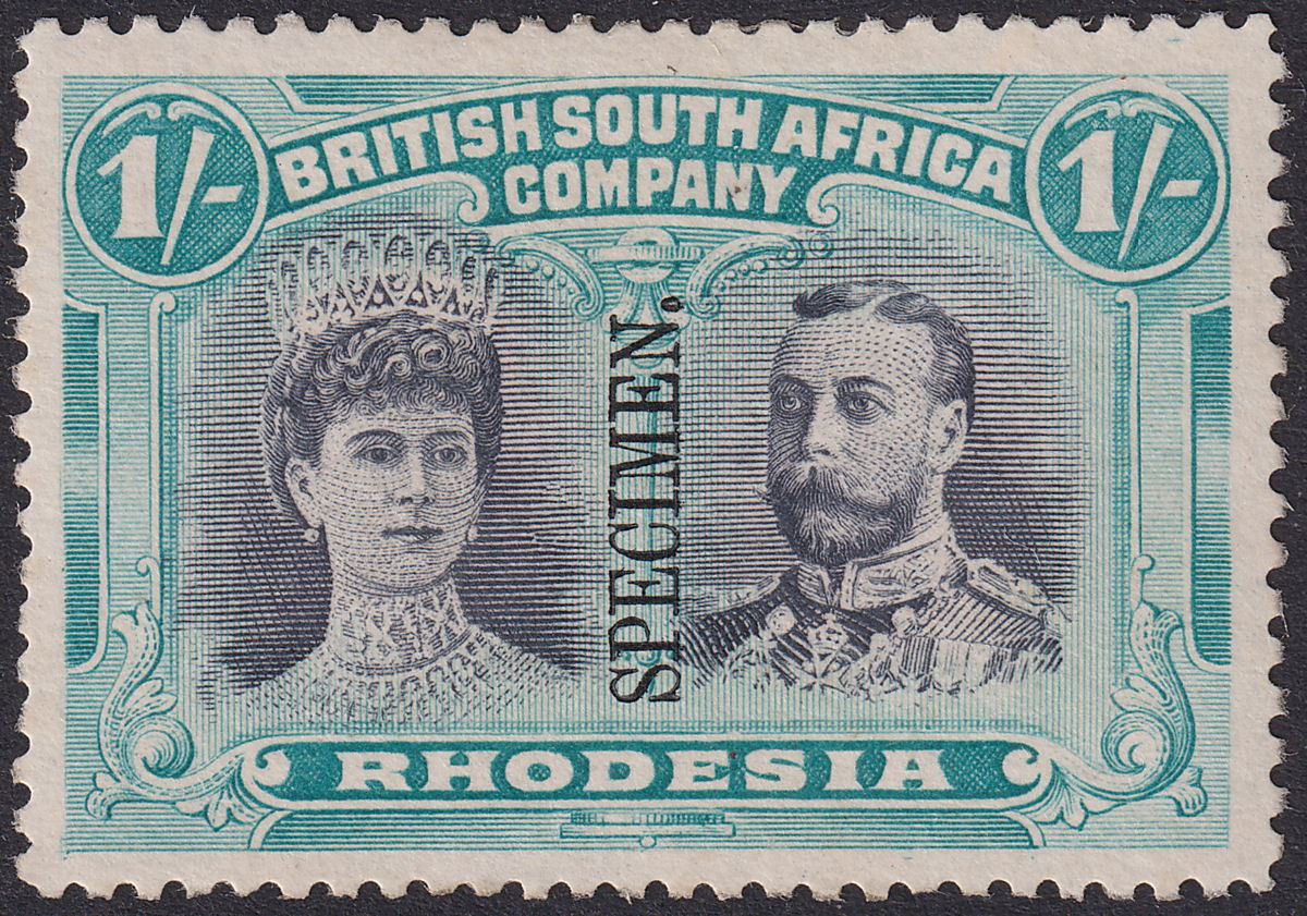 Rhodesia 1910 KGV SPECIMEN Double Head 1sh Blk + Bl-Green p14 Mint SG151s regum