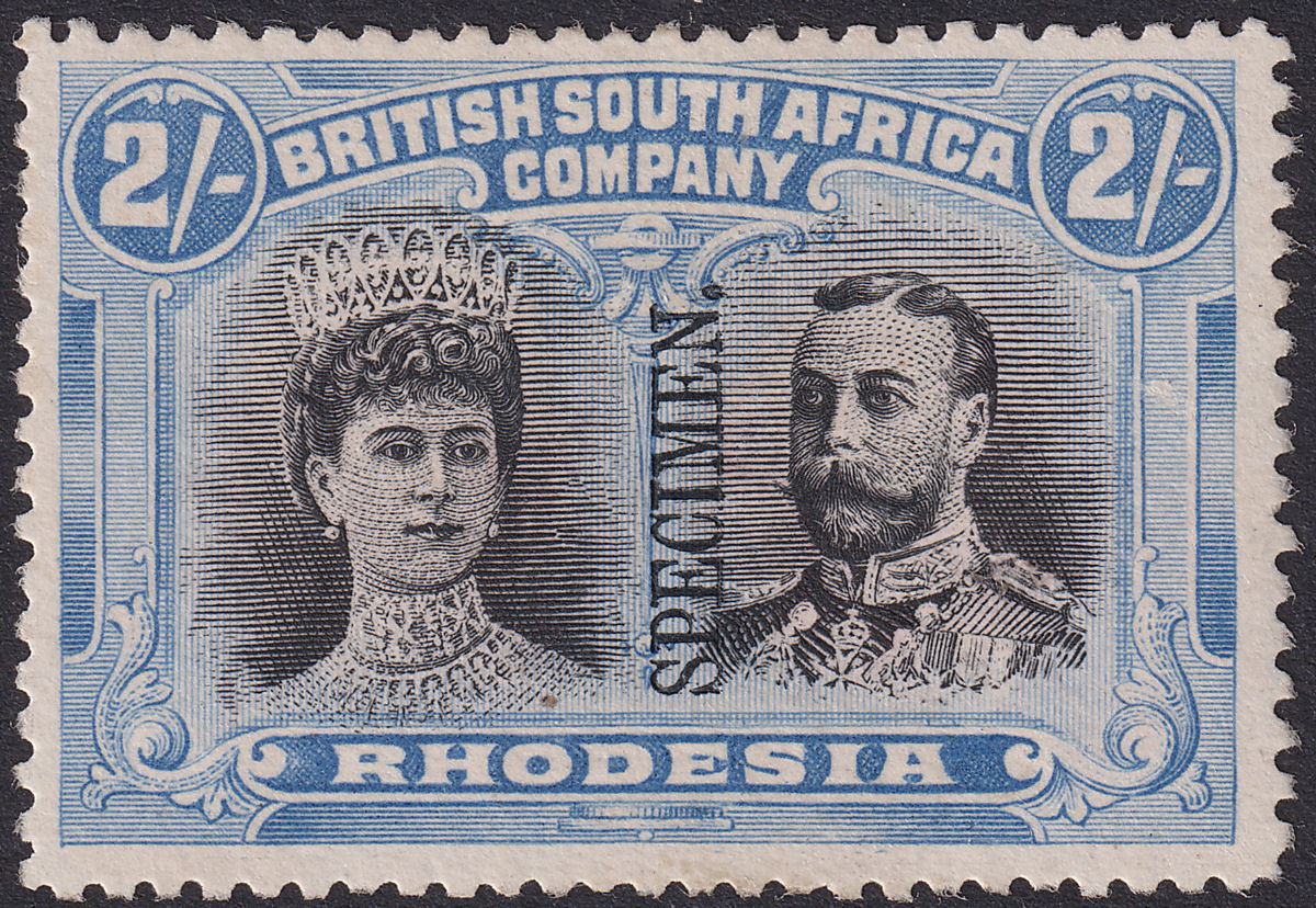 Rhodesia 1910 KGV SPECIMEN Double Head 2sh Black + Ultram p14 Mint SG153s regum