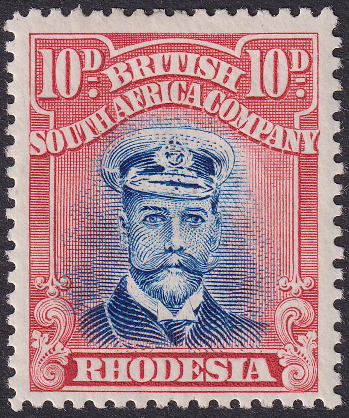 Rhodesia 1923 KGV Admiral 10d Ult + Red Collar Flaw Die IIIB p15 Mint SG316 c£85