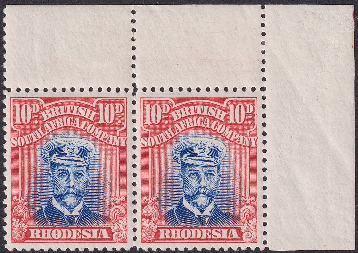Rhodesia 1922 KGV Admiral 10d Brt Ultr + Red Die IIIB p14 Corner Pair Mint SG298