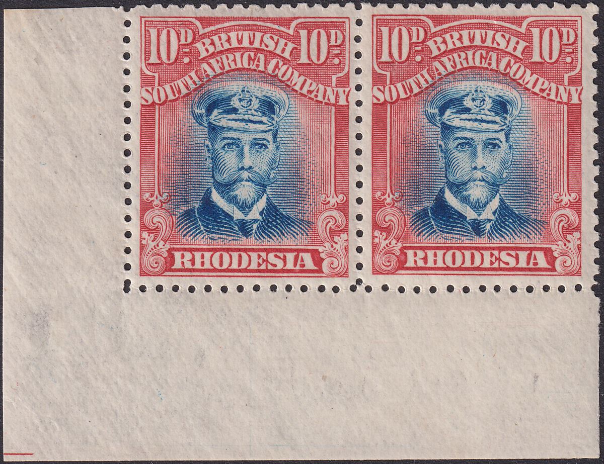 Rhodesia 1918 KGV Admiral 10d Blue + Red Die IIIB p14 Margin Pair UM Mint SG270