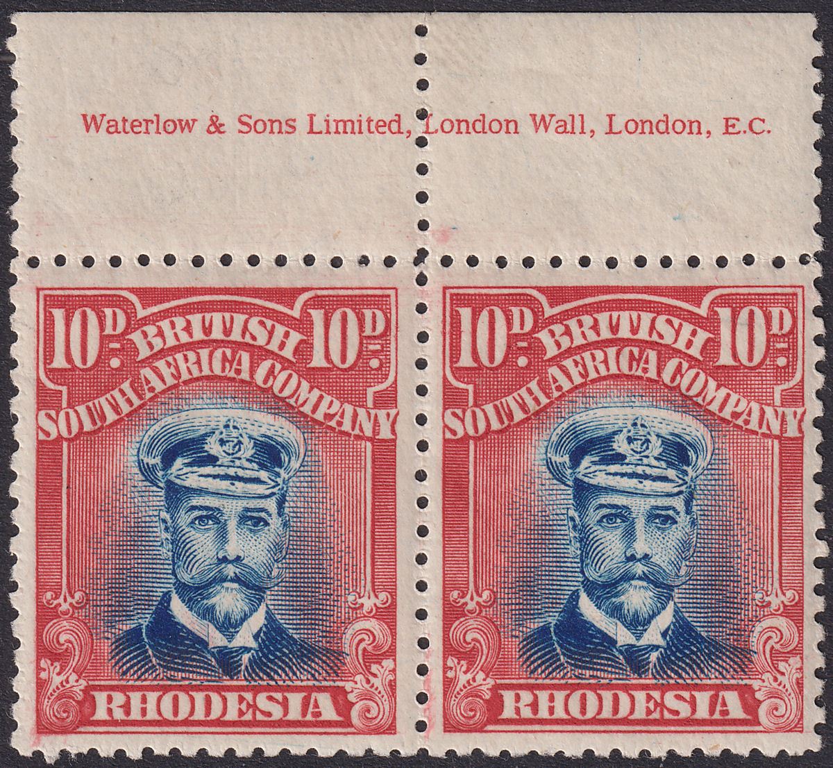 Rhodesia 1918 KGV Admiral 10d Dp Blue + Red Die IIIB p14 Imprint Pair Mint SG270