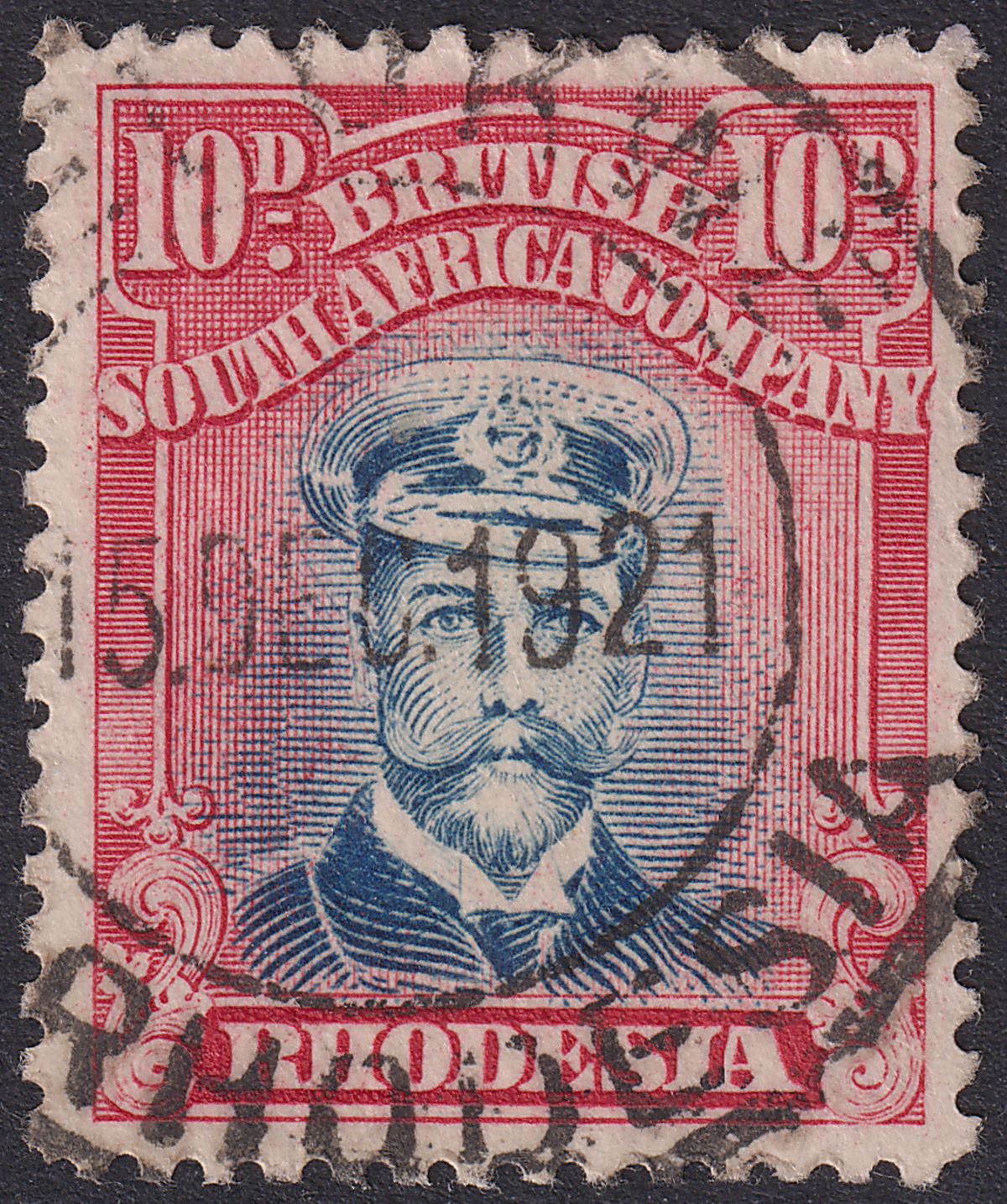 Rhodesia 1918 KGV Admiral 10d Grey-Blue + Carmine Die IIIB p14 Used SG269 cat£55